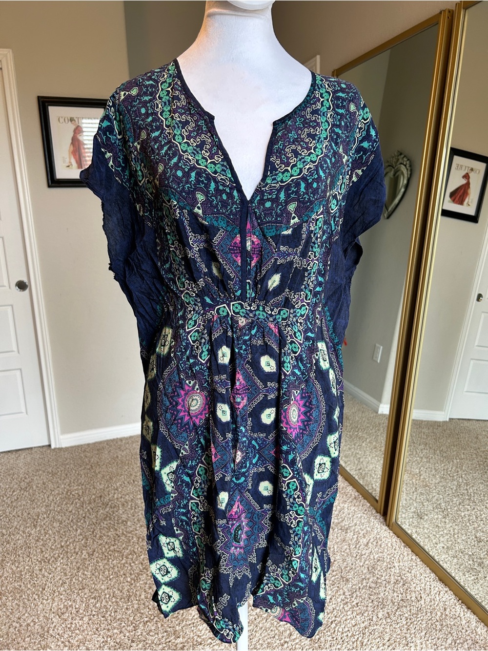 Anthropologie Maeve Medallion Silk Tunic Mini Dress Navy Size Medium